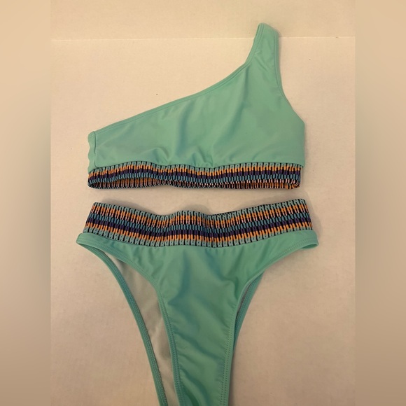 Other - SWIMSUIT UNBRANDED MINT GREEN WITH MULTI COLORED HORIZONTAL COLORS AT WAIST MED